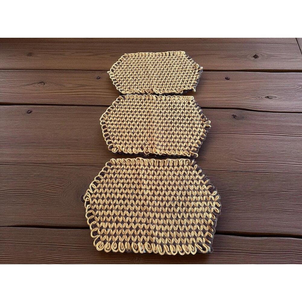 3 Vintage Brown and Gold Yarn Loom Knit Mid Century Placemats 15x12